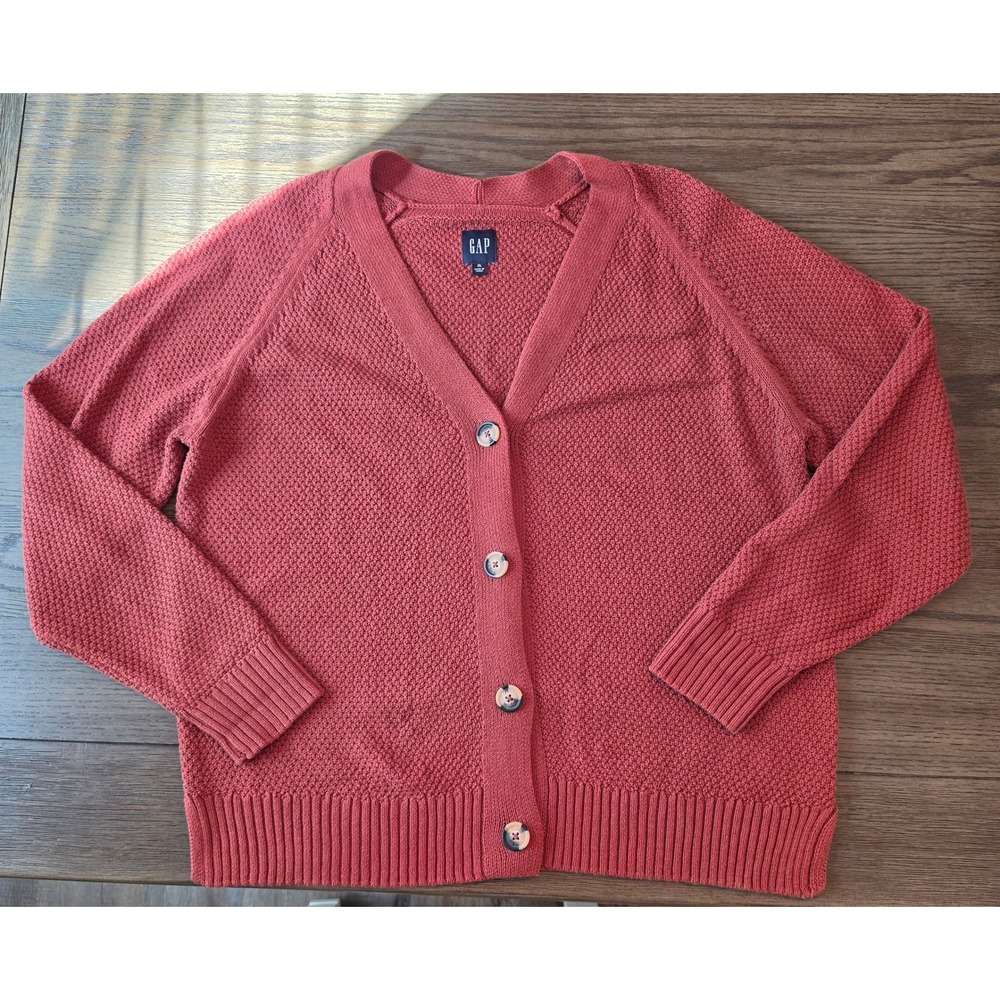 Gap Mens XL Burnt Orange Cotton Waffle Knit V-Neck Cardigan‎ Sweater GP001685